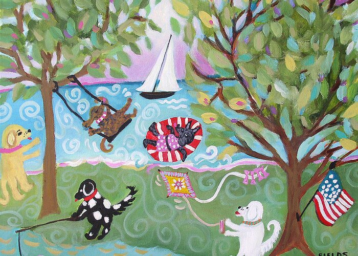 Dogs Greeting Card featuring the painting Dog Park Dog Hangout by Karen Fields