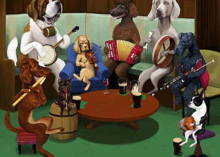 Dog Greeting Card featuring the painting Dogs Playing Traditional Irish Music by Jon Hammer