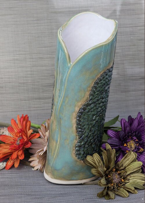 Ceramic Greeting Card featuring the ceramic art Doily Vase III by Suzanne Gaff