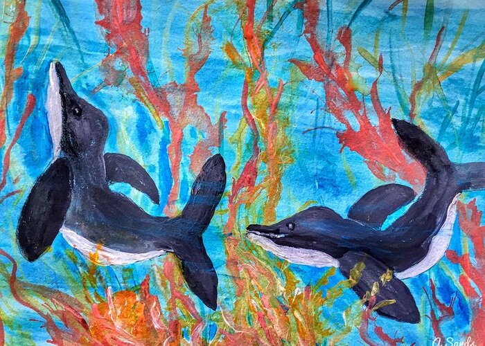 Dolphins Greeting Card featuring the painting Dolphin Playground by Anne Sands