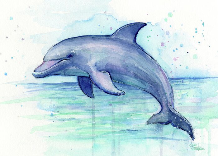 Dolphin Greeting Card featuring the painting Dolphin Watercolor by Olga Shvartsur