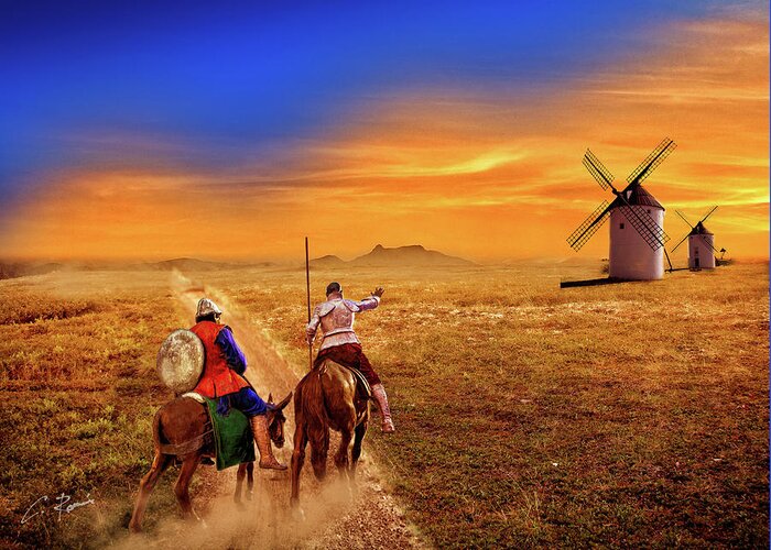 Quixote Greeting Card featuring the digital art Don Quixote and the Windmills by Charlie Roman
