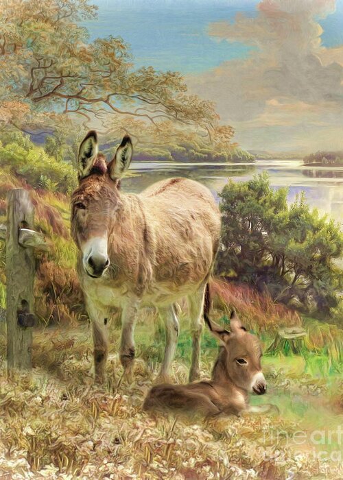 Donkey Greeting Card featuring the digital art Donkey and Foal by Trudi Simmonds