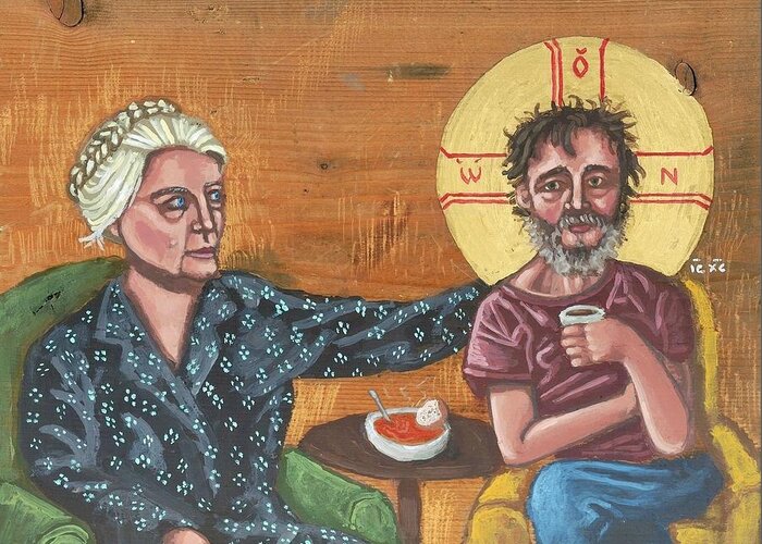 Dorothy Day Greeting Card featuring the painting Don't Call Me a Saint- Dorothy day with Homeless Christ by Kelly Latimore