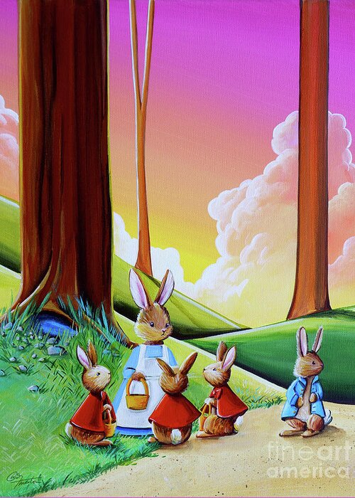 Peter Rabbit Greeting Card featuring the painting Don't Go Into Mr McGregors Garden by Cindy Thornton