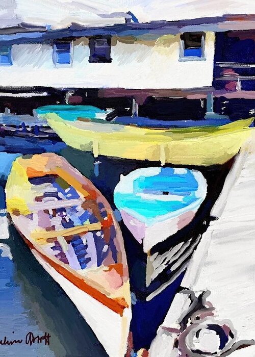 Yellow Dory Greeting Card featuring the painting Dory Dock at Beacon Marine Basin by Melissa Abbott