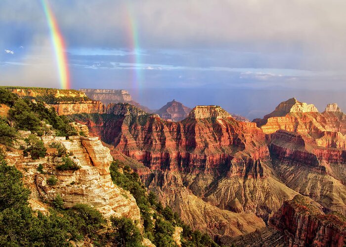 Double Rainbow At Grand Canyon North Rim Greeting Card featuring the photograph Double Rainbow at Grand Canyon North Rim by Carolyn Derstine