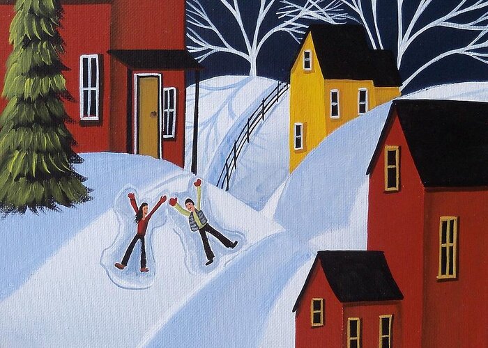 Folk Art Greeting Card featuring the painting Double Snow Angels - folk art landscape winter by Debbie Criswell