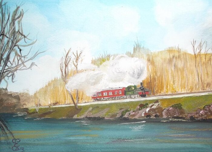 Steam Train Greeting Card featuring the painting Down by the river side by Carole Robins