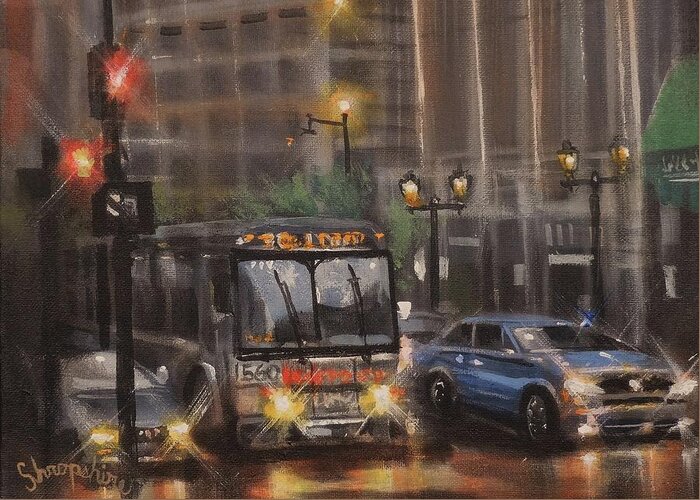 Milwaukee Greeting Card featuring the painting Downtown Bus by Tom Shropshire