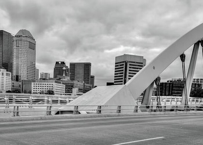 America Greeting Card featuring the photograph Downtown Columbus Skyline Panorama - Black and White by Gregory Ballos