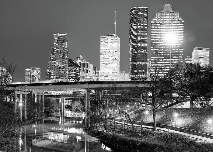 Houston Greeting Card featuring the photograph Downtown Houston City Skyline at Night on the Buffalo Bayou - Black and White by Gregory Ballos