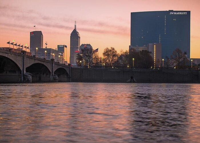 Indianapolis Skyline Greeting Card featuring the photograph Downtown Indianapolis Skyline Sunrise on the Water by Gregory Ballos