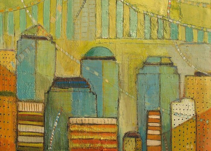 Abstract Colorful Cityscape Greeting Card featuring the painting Downtown Manhattan by Habib Ayat