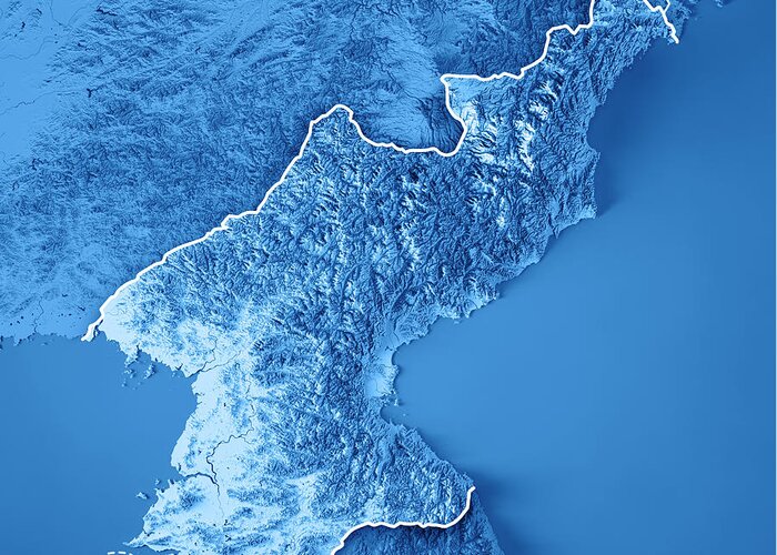 Dpr Korea Greeting Card featuring the digital art DPR Korea 3D Render Topographic Map Blue Border by Frank Ramspott