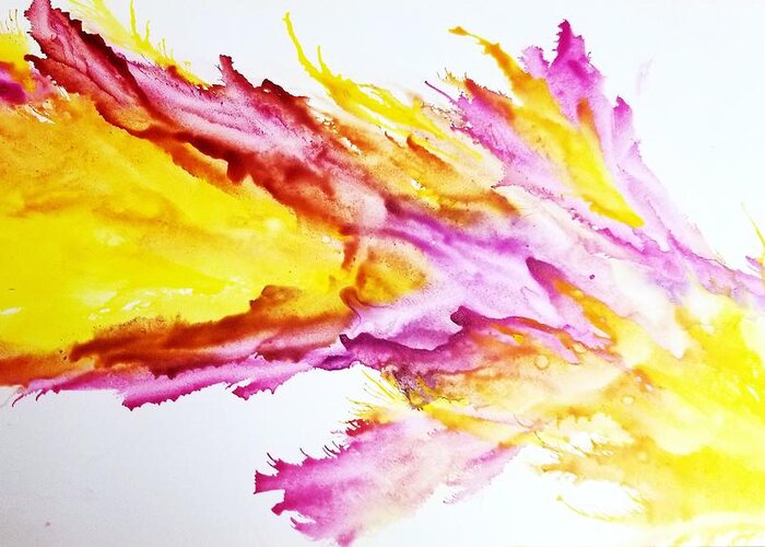 Fire Dragon Ethereal Mystical Purple Pink Yellow Red Orange Landscape Fantasy Alcohol Ink Yupo Decor Greeting Card featuring the digital art Dragon breath by Kelly Dallas