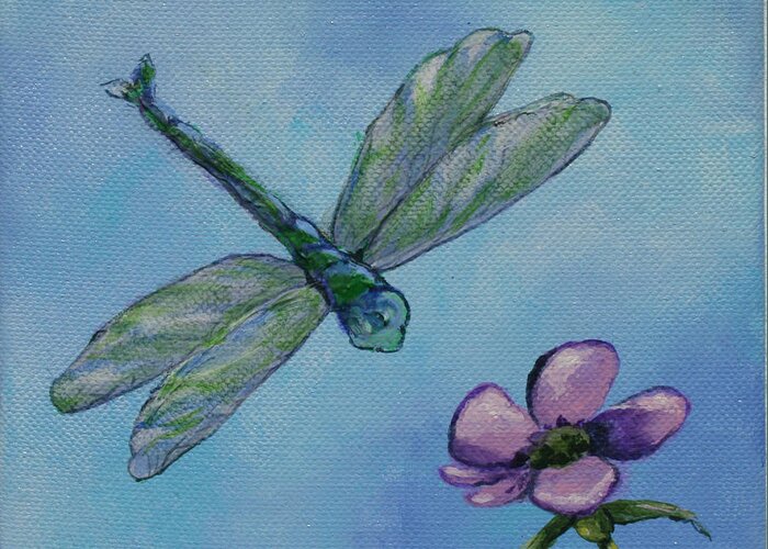 Dragon Fly Greeting Card featuring the painting Dragon Fly and Purple Flower by Donna Tucker