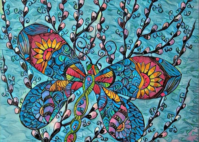 Butterflies Greeting Card featuring the digital art Dragon fly and Pussy willow by Megan Walsh