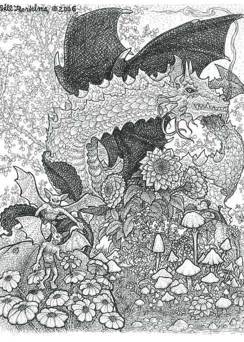 Dragon Greeting Card featuring the drawing Dragon Garden by Bill Perkins
