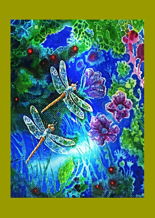 Dragonfly Greeting Card featuring the painting DRAGONFLIES and FLOWERS #1 by Hartmut Jager
