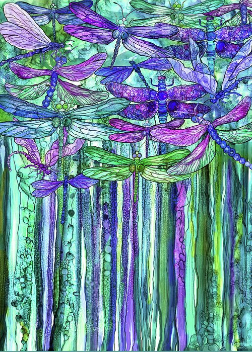 Carol Cavvalaris Greeting Card featuring the mixed media Dragonfly Bloomies 1 - Purple by Carol Cavalaris