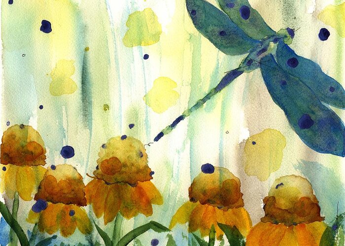 Dragonfly Greeting Card featuring the painting Dragonfly in the Wildflowers by Dawn Derman