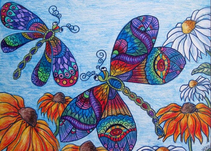 Dragonflies Greeting Card featuring the drawing Dragons on the wing by Megan Walsh