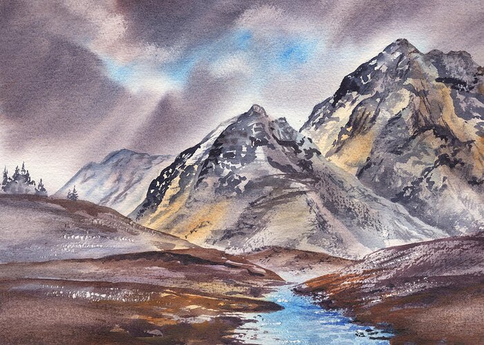 Mountains River Greeting Card featuring the painting Dramatic Landscape With Mountains by Irina Sztukowski