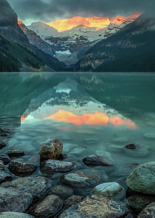 Lake Louise Greeting Card featuring the photograph Dramatic Sunrise at Lake Louise by Pierre Leclerc Photography