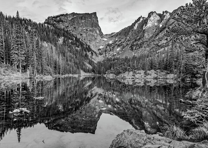 Mountain Greeting Card featuring the photograph Dream Lake Reflections and Rocky Mountain National Park Landscape - Black and White by Gregory Ballos