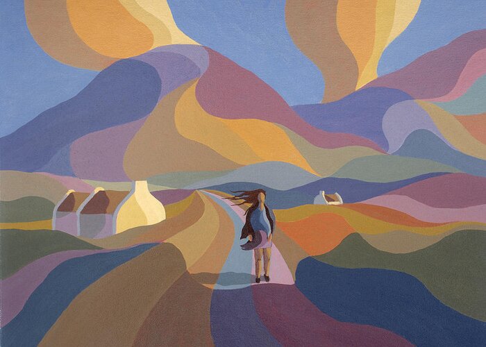 Paintings Greeting Card featuring the painting Dreamscape with girl and cottage by Alan Kenny