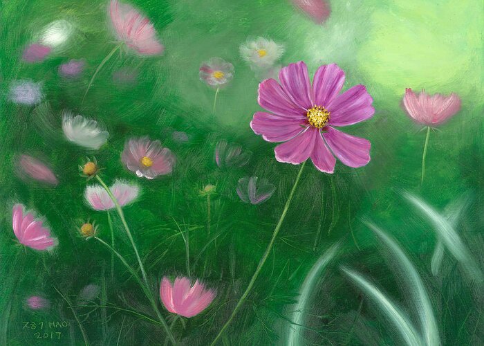 Cosmos Greeting Card featuring the painting Cosmos Flowers by Helian Cornwell