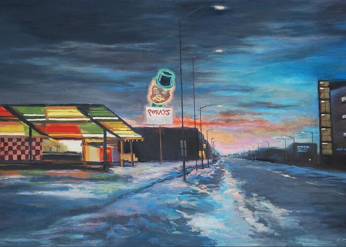 Drive-in Restaurant Greeting Card featuring the painting Drive in - Pig Out by Holly Stone