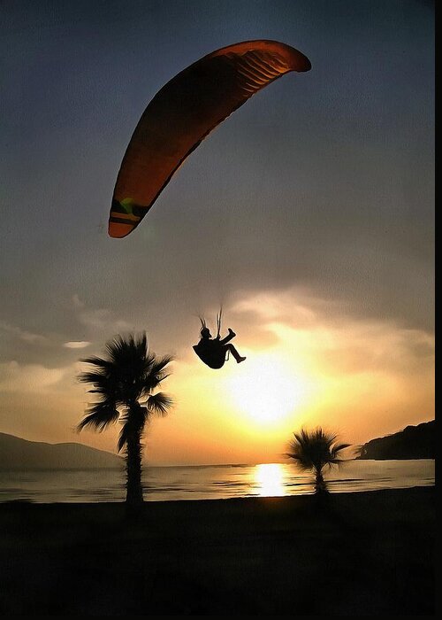 Paragliding Greeting Card featuring the painting Dropzone At Dusk by Taiche Acrylic Art