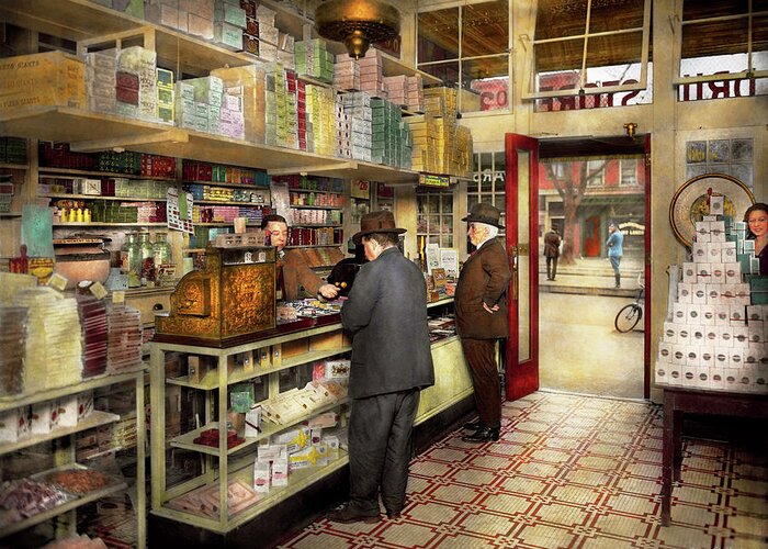 Self Greeting Card featuring the photograph Drugstore - Exact change please 1920 by Mike Savad