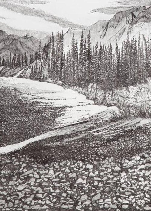 Pen And Ink Greeting Card featuring the drawing Dry Riverbed by Betsy Carlson Cross