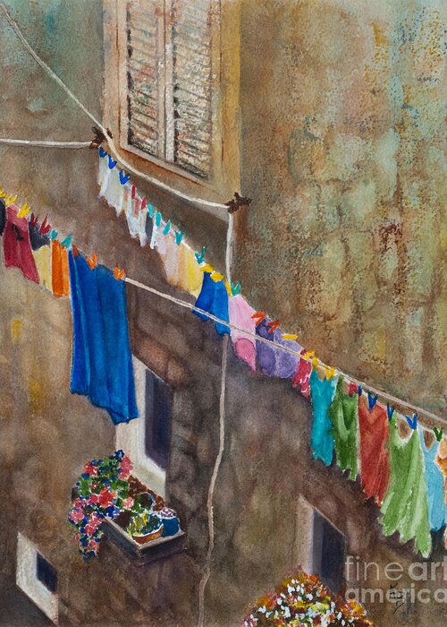 Laundry Greeting Card featuring the painting Drying Time by Karen Fleschler