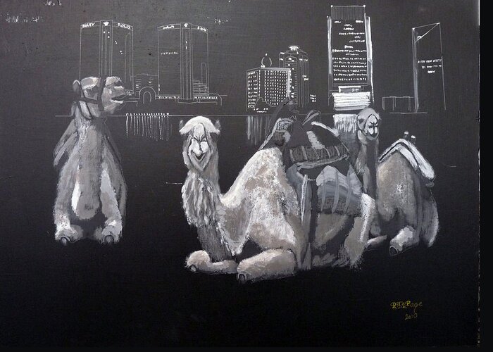 Dubai Greeting Card featuring the painting Dubai Camels by Richard Le Page
