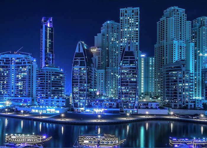 Ian Watts Greeting Card featuring the photograph Dubai Marina at night by Ian Watts