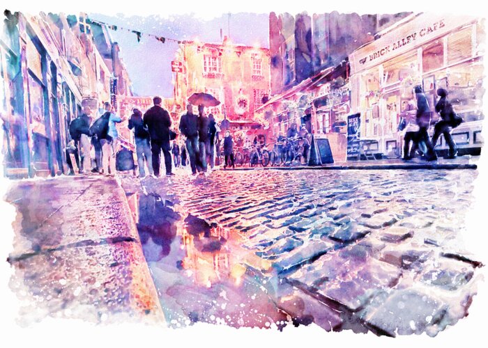 Marian Voicu Greeting Card featuring the painting Dublin Watercolor Streetscape by Marian Voicu