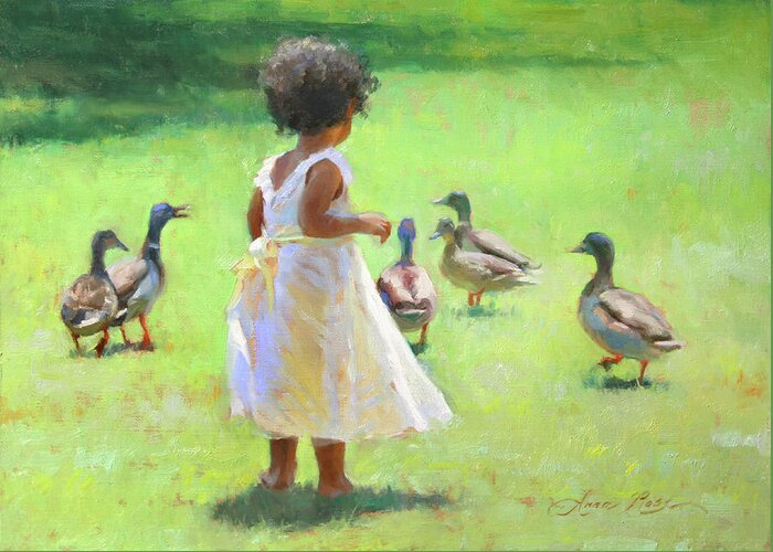 Chasing Ducks Greeting Card featuring the painting Duck Chase by Anna Rose Bain