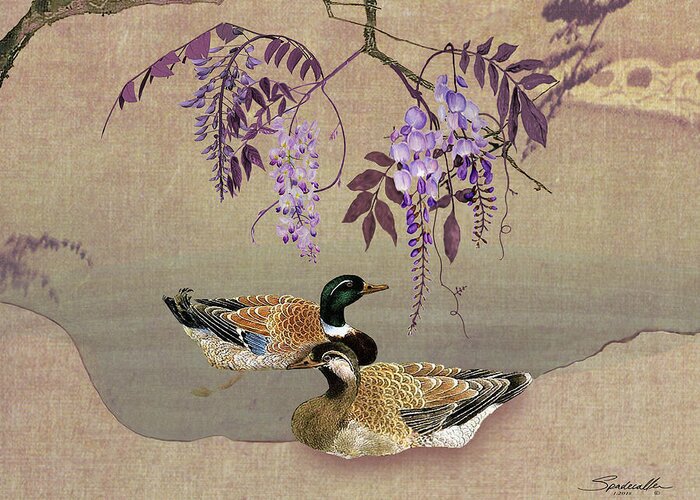 Duck Greeting Card featuring the digital art Ducks Under Wisteria Tree by M Spadecaller