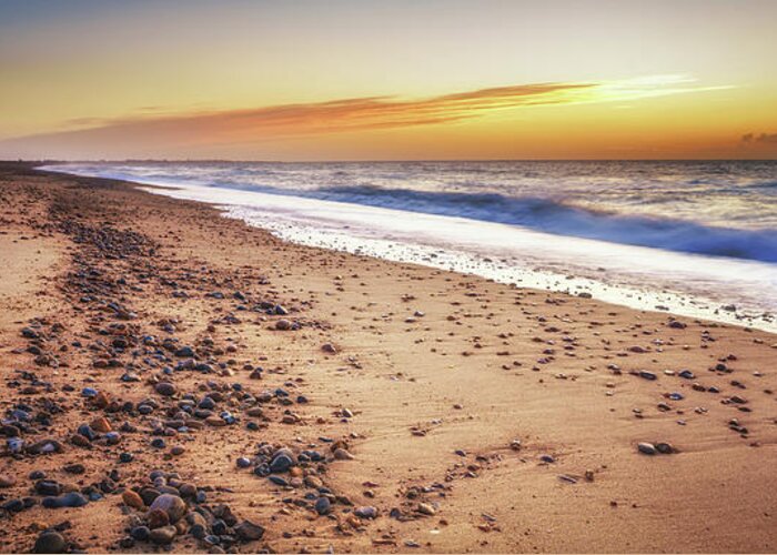 Beach Sea Coast Shingle Sand Dunwich Sunrise Morning Early Sky W Greeting Card featuring the photograph Dunwich Beach by James Billings