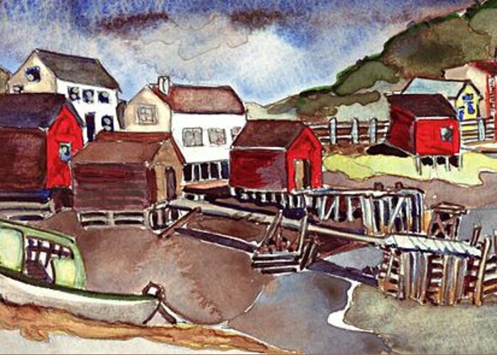 Newfoundland Fishing Port  Maritimes Architecture Seascape Greeting Card featuring the painting Durrell, Newfoundland by Joan Cordell