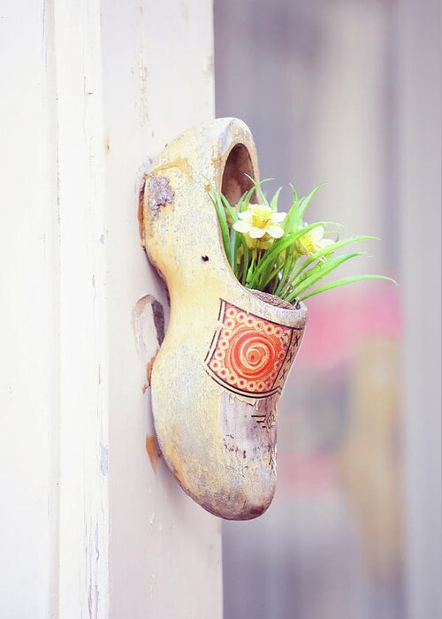 Jenny Rainbow Fine Art Photography Greeting Card featuring the photograph Dutch Wooden Shoe Floral Decor by Jenny Rainbow