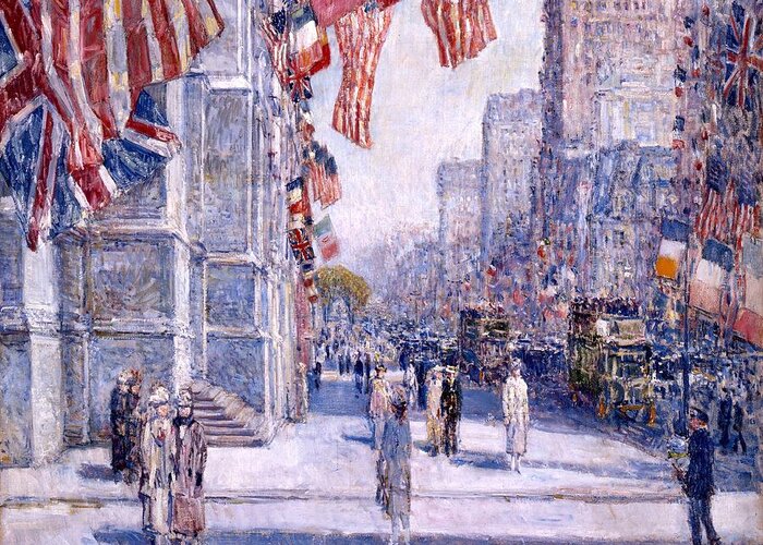 Childe Hassam Greeting Card featuring the painting Early Morning on the Avenue in May 1917 - 1917 by Eric Glaser
