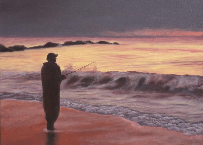 Fishing; Fisherman; Ocean; Sunrise; Sand; Serenity; Contemplation; Water Greeting Card featuring the painting Early Morning Solace by Marg Wolf