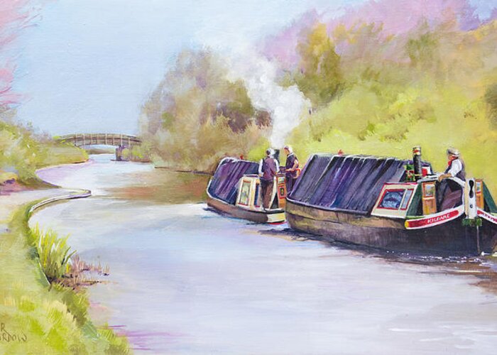 Narrow Boat Greeting Card featuring the painting ' Early Start' by Penny Taylor-Beardow