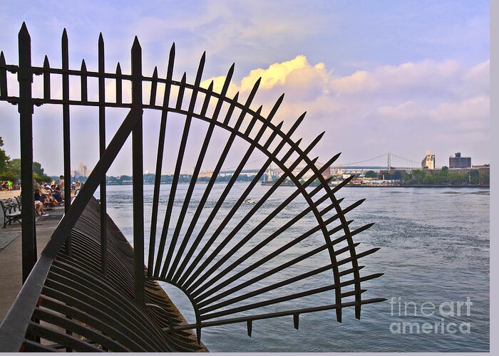 East River Greeting Card featuring the photograph East River View Through The Spokes by Madeline Ellis