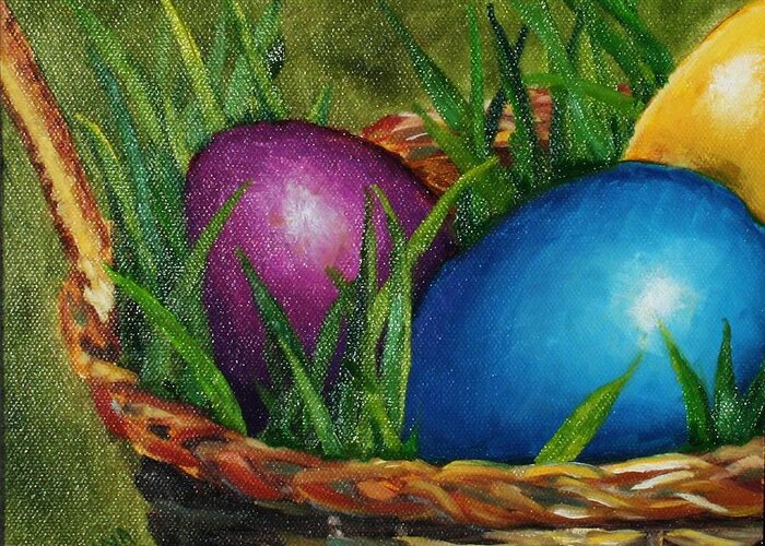 Basket Greeting Card featuring the painting Easter Basket of Eggs by Donna Tucker